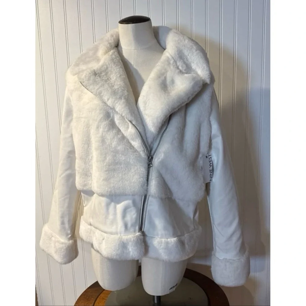 NINE WEST White Faux-Fur Faux Leather Moto Jacket